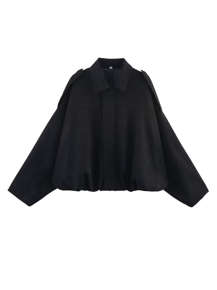 Women Cropped Oversized Blouson Jacket in Velour Look with Drawstring Hem and Epaulettes
