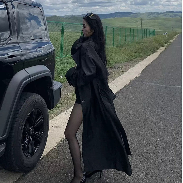 Ladies Elegant Cotton Blend Trench Coat with Asymmetrical Shoulder Flap and Tie Belt