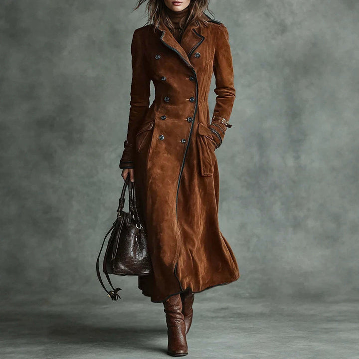 Women Longer Tailored Trench Coat in Suede Look with Double-Breasted Button Placket and Buckle Cuffs