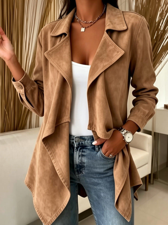 Women waterfall jacket made of faux suede with asymmetrical hem