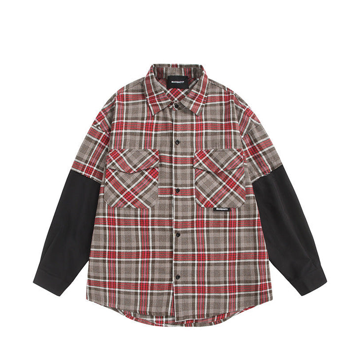 Unisex Oversized Shirt Jacket in Layering Look with Contrasting Sleeves and Breast Flap Pockets