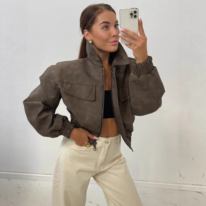 Women short cut faux leather jacket with patch chest pockets