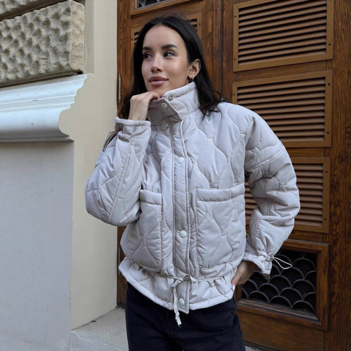 Women Short Cut Quilted Padded Jacket with Stand Collar