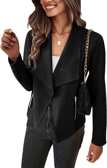 Women Faux Suede Waterfall Blazer with Asymmetrical Hem and Zip Pockets