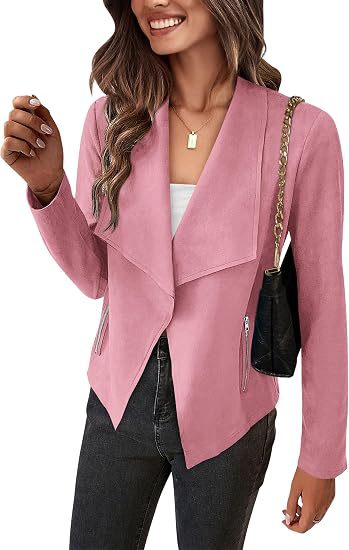 Women Faux Suede Waterfall Blazer with Asymmetrical Hem and Zip Pockets