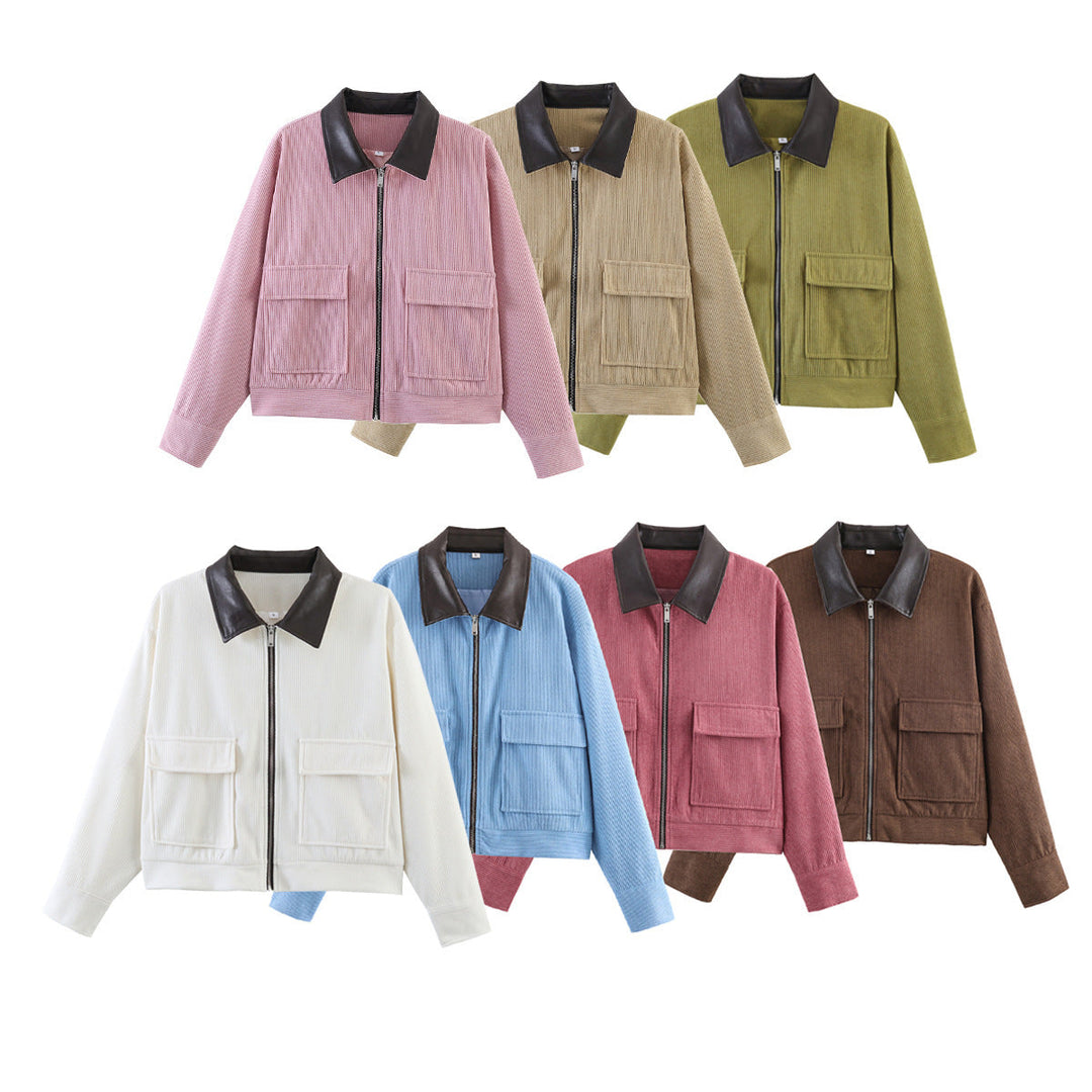 Women Ribbed Short Jacket with Zip, Patch Pockets and Contrast Faux Leather Collar