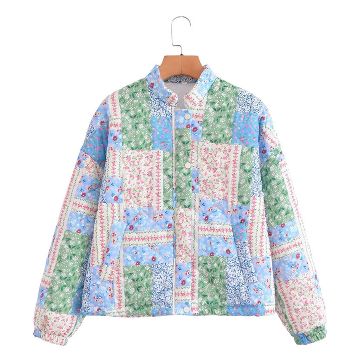 Women Padded Patchwork Quilted Jacket with Stand Collar and Snap Fastening