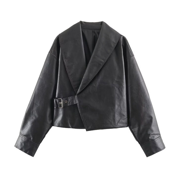 Women Short Oversized Faux Leather Jacket with Wide Shawl Collar and Belt