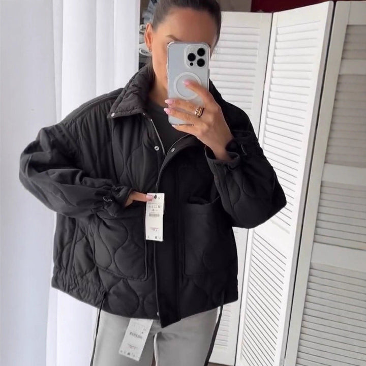 Women Short Cut Quilted Padded Jacket with Stand Collar