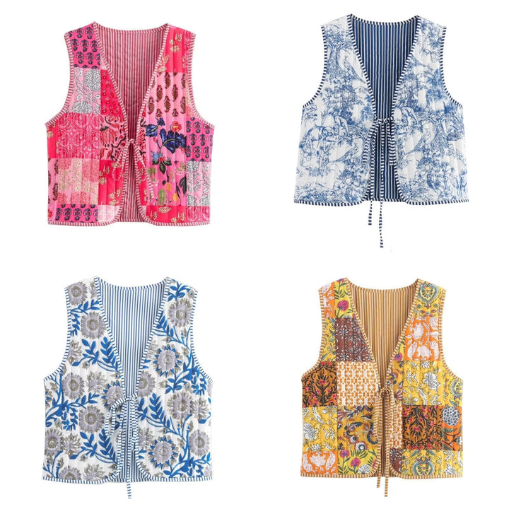 Ladies Quilted Waistcoat with Toile Print, Striped Lining and Drawstring