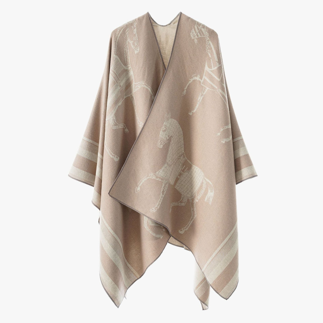 Women Jacquard Poncho Wrap with Horse Motif and Boxy Kimono Silhouette