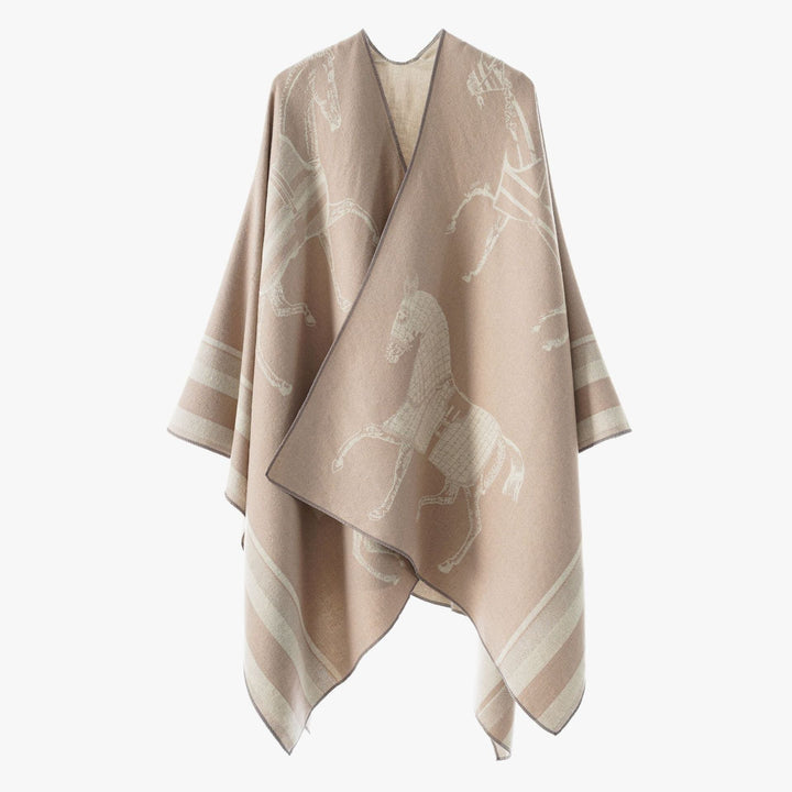 Women Jacquard Poncho Wrap with Horse Motif and Boxy Kimono Silhouette