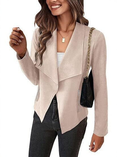 Women Faux Suede Waterfall Blazer with Asymmetrical Hem and Zip Pockets