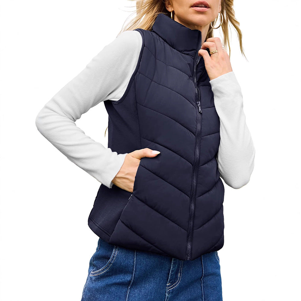Women padded waistcoat with high stand-up collar