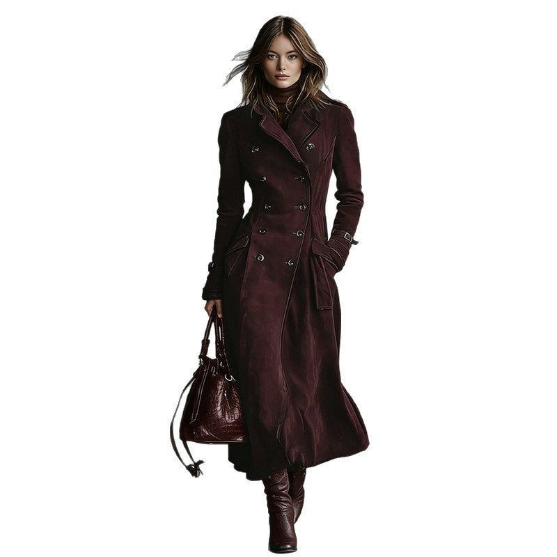 Women Longer Tailored Trench Coat in Suede Look with Double-Breasted Button Placket and Buckle Cuffs