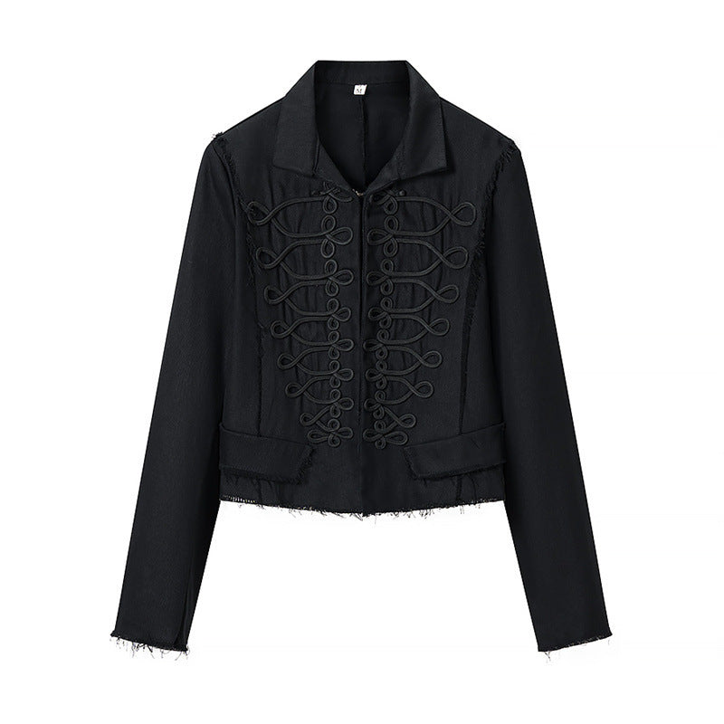 Women Cropped Military Inspired Jacket with Braid Application and Fringed Hem