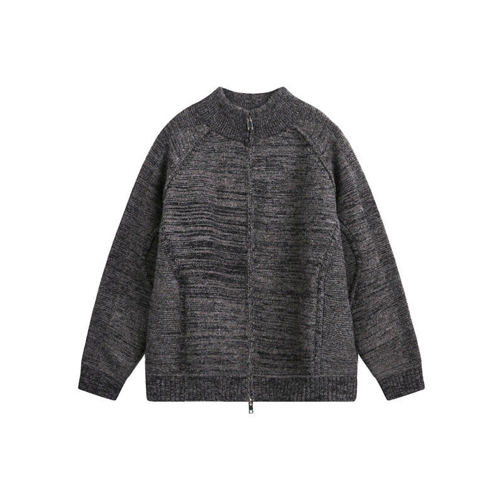 Unisex Thick Knit Zip Jacket with High Stand-Up Collar and Two-Way Zip
