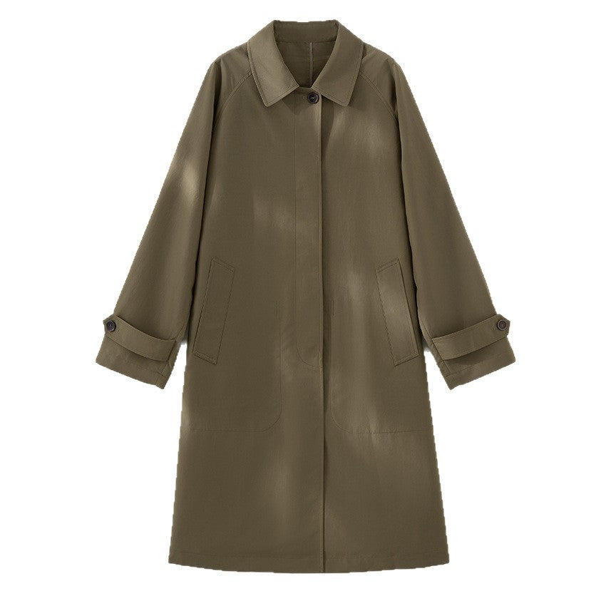 Women Longer minimalist trench coat with concealed button placket and adjustable cuffs