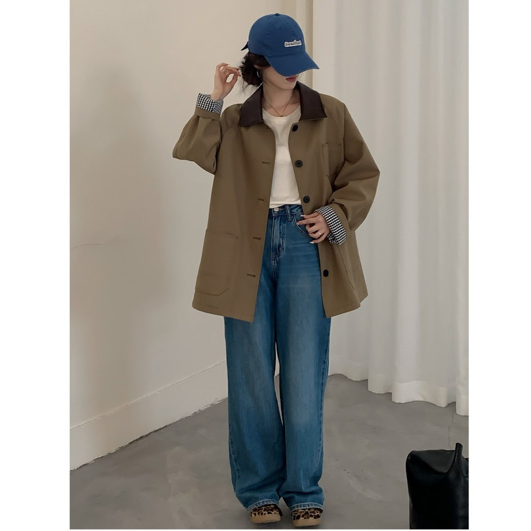 Women Oversized Short Jacket in Trench Style with Leather-Look Collar and Checked Cuffs
