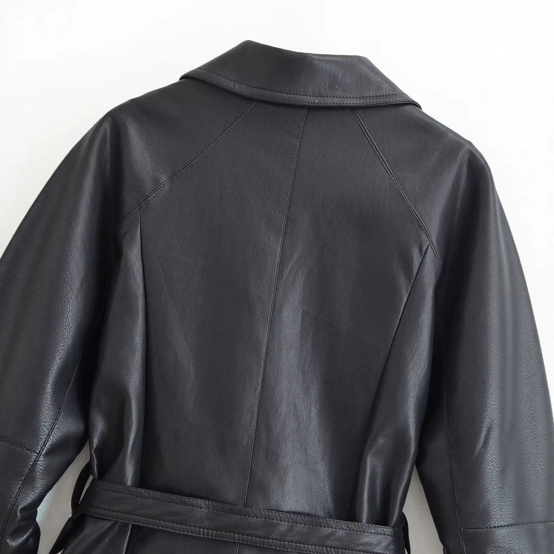 Women Tailored Leather Look Jacket with Tie Belt and Raglan Sleeves