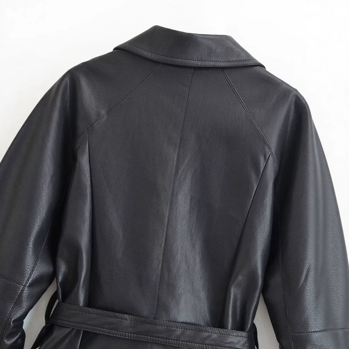 Women Tailored Leather Look Jacket with Tie Belt and Raglan Sleeves