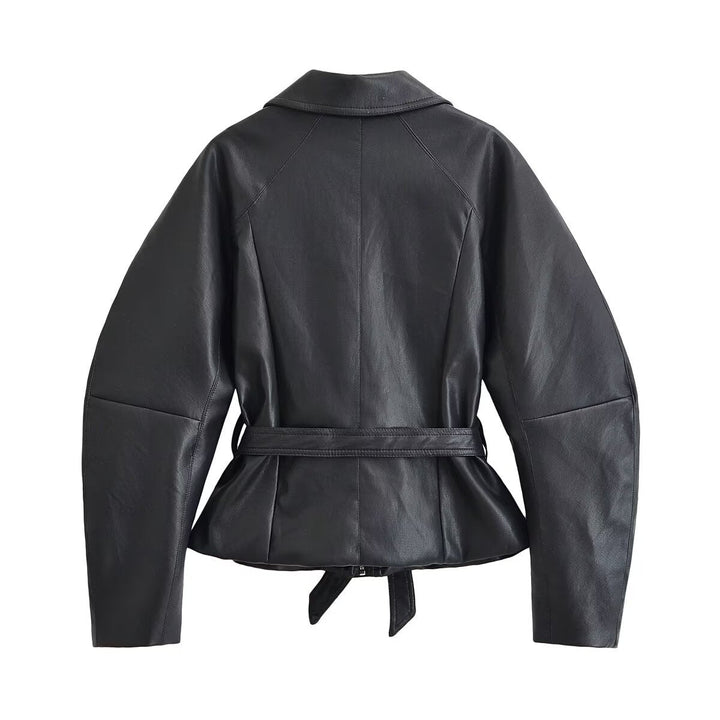 Women Tailored Leather Look Jacket with Tie Belt and Raglan Sleeves