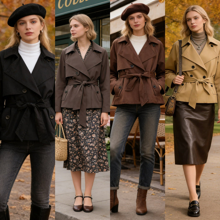Women Cropped Waist Belt Trench Coat with Wide Lapels and Flap Pockets