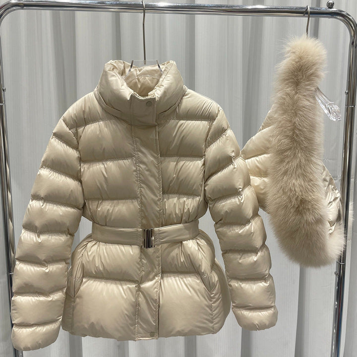 Women Tailored Quilted Puffer Jacket with Belt, High Collar and Removable Fur Trim