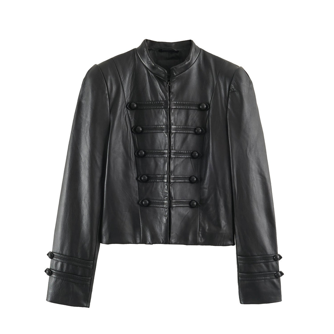 Women Short Leather-Look Jacket in Military Style with Stand-Up Collar and Decorative Button Placket