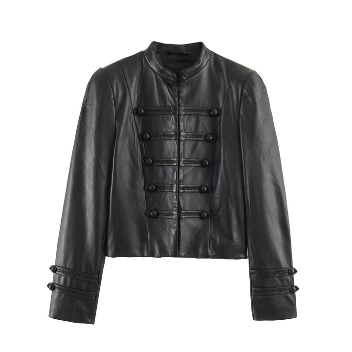 Women Short Leather-Look Jacket in Military Style with Stand-Up Collar and Decorative Button Placket