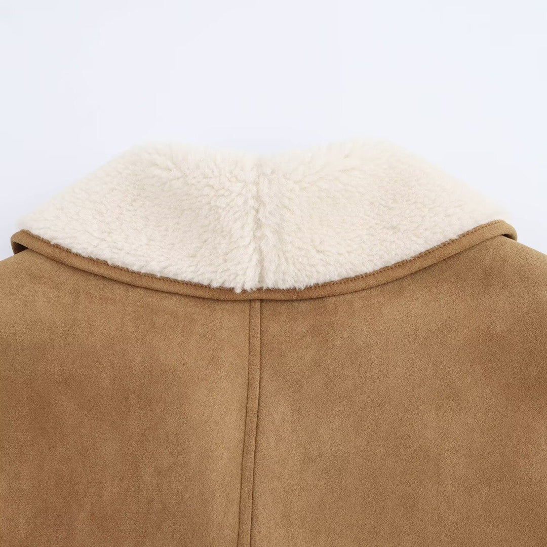 Ladies short coat in velour look with teddy lining and shawl collar