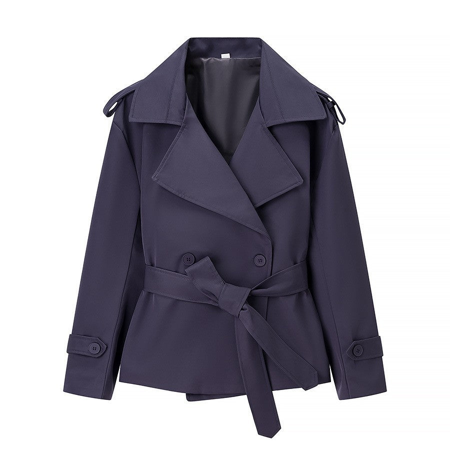 Women Tailored Short Trench Coat with Tie Belt and Epaulettes