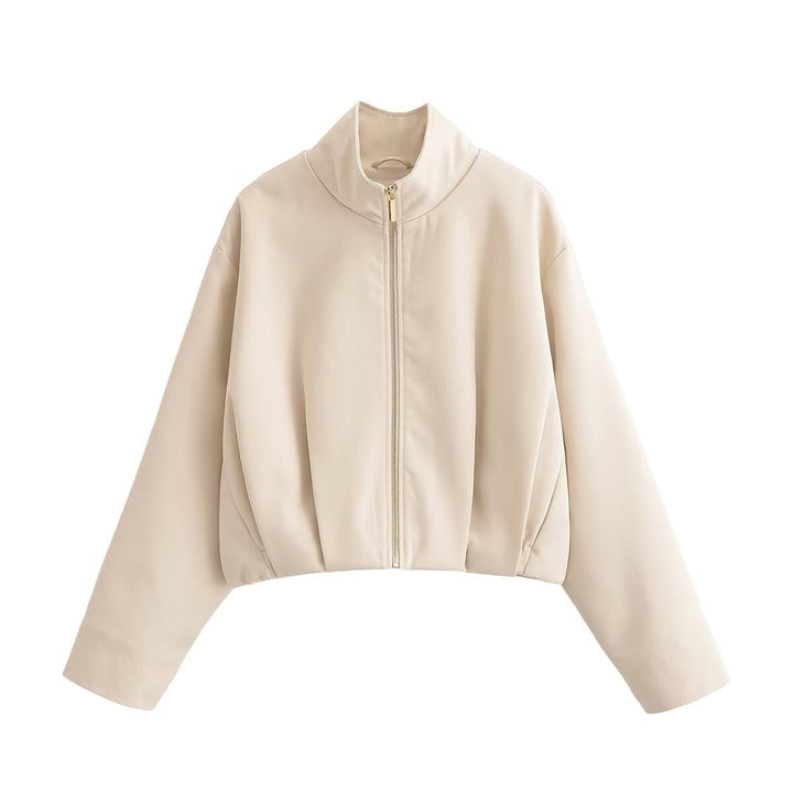 Women Short Boxy Jacket with Stand-up Collar and Visible Metal Zip