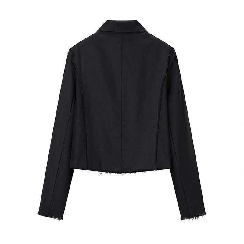 Women Cropped Military Inspired Jacket with Braid Application and Fringed Hem