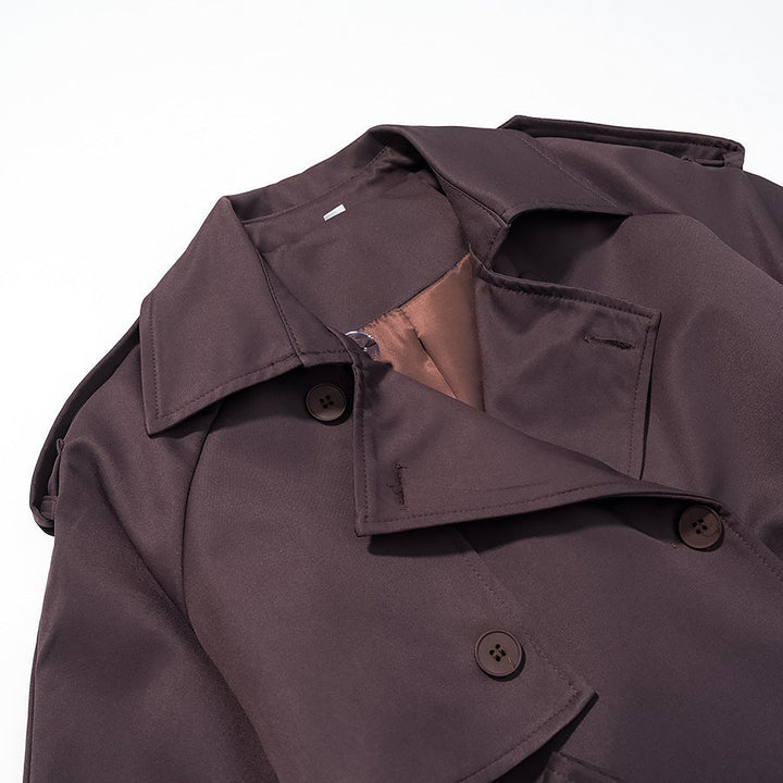 Women Longer tailored trench coat with tie belt and double-breasted button placket