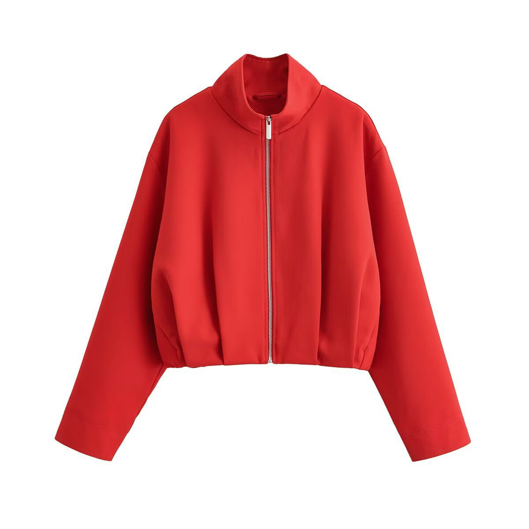 Women Short Boxy Jacket with Stand-up Collar and Visible Metal Zip