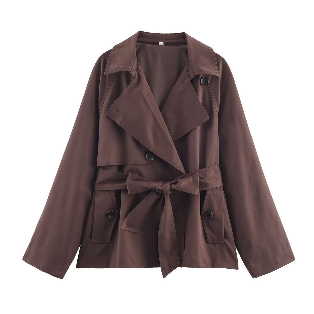 Women Cropped Waist Belt Trench Coat with Wide Lapels and Flap Pockets