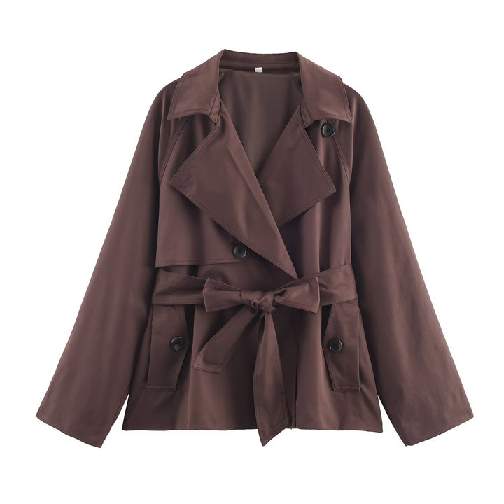 Women Cropped Waist Belt Trench Coat with Wide Lapels and Flap Pockets