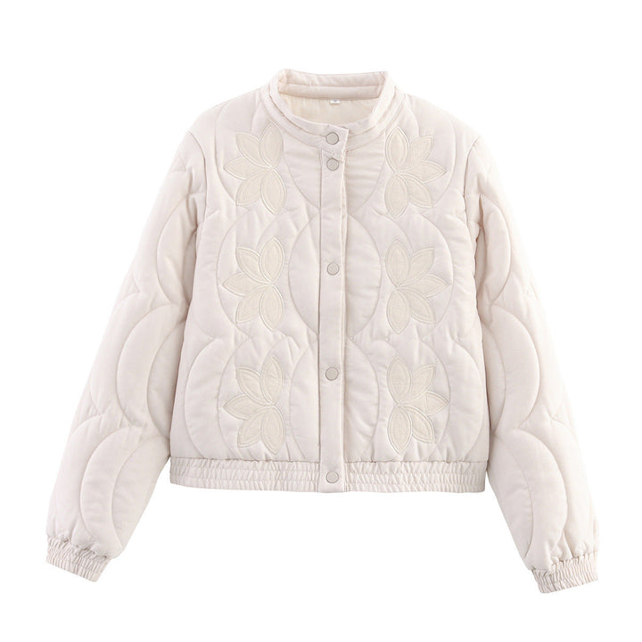 Women Short Quilted Blouson with Floral Quilted Application, Stand-up Collar and Elastic Waistband