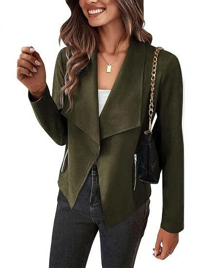 Women Faux Suede Waterfall Blazer with Asymmetrical Hem and Zip Pockets