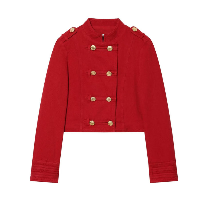Women’s short military-inspired jacket with decorative ornate buttons