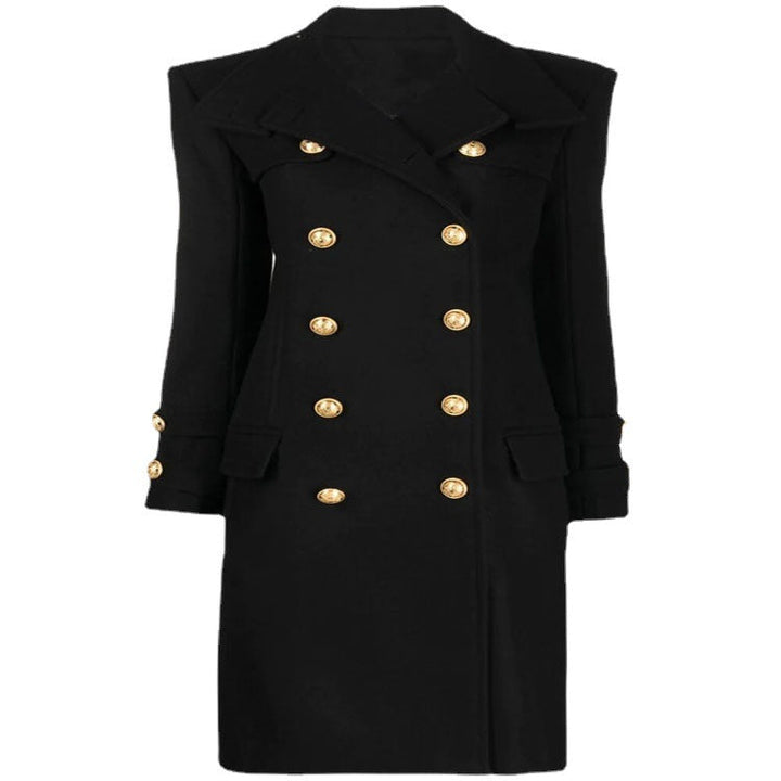 Ladies Elegant Wool Blend Long Coat in Marine Inspired Double Breasted with Oversized Shawl Collar and Decorative Sleeves