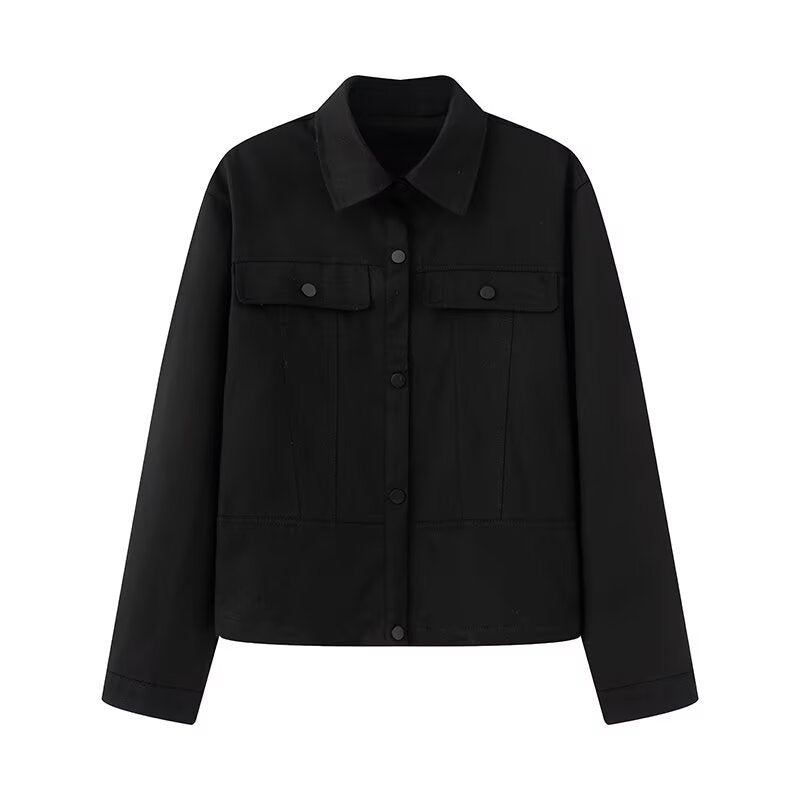 Women Short Cut Boxy Overshirt Jacket in Vegan Leather Look with Flap Pockets and Snap Button Closure