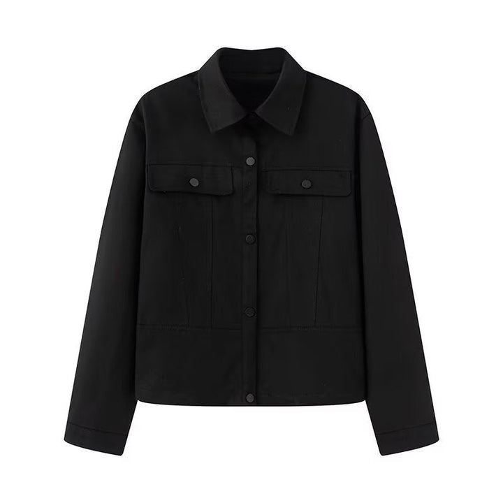 Women Short Cut Boxy Overshirt Jacket in Vegan Leather Look with Flap Pockets and Snap Button Closure