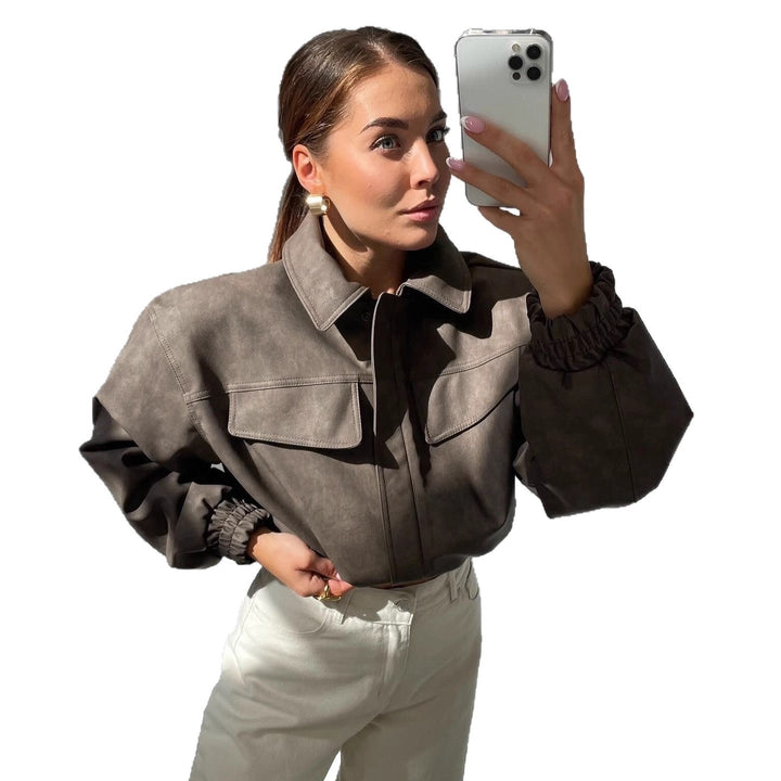 Women short cut faux leather jacket with patch chest pockets