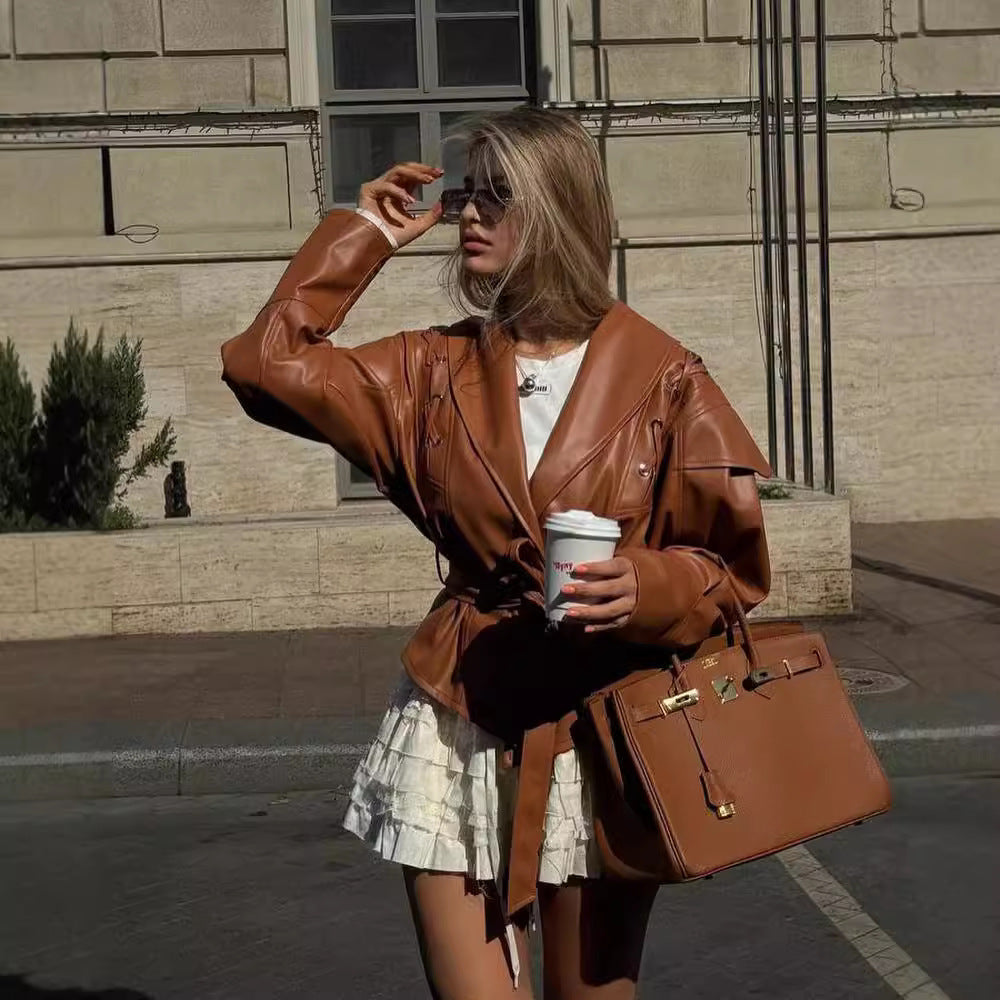 Ladies short jacket made of suede look with wrap belt, shawl collar and lacing detail