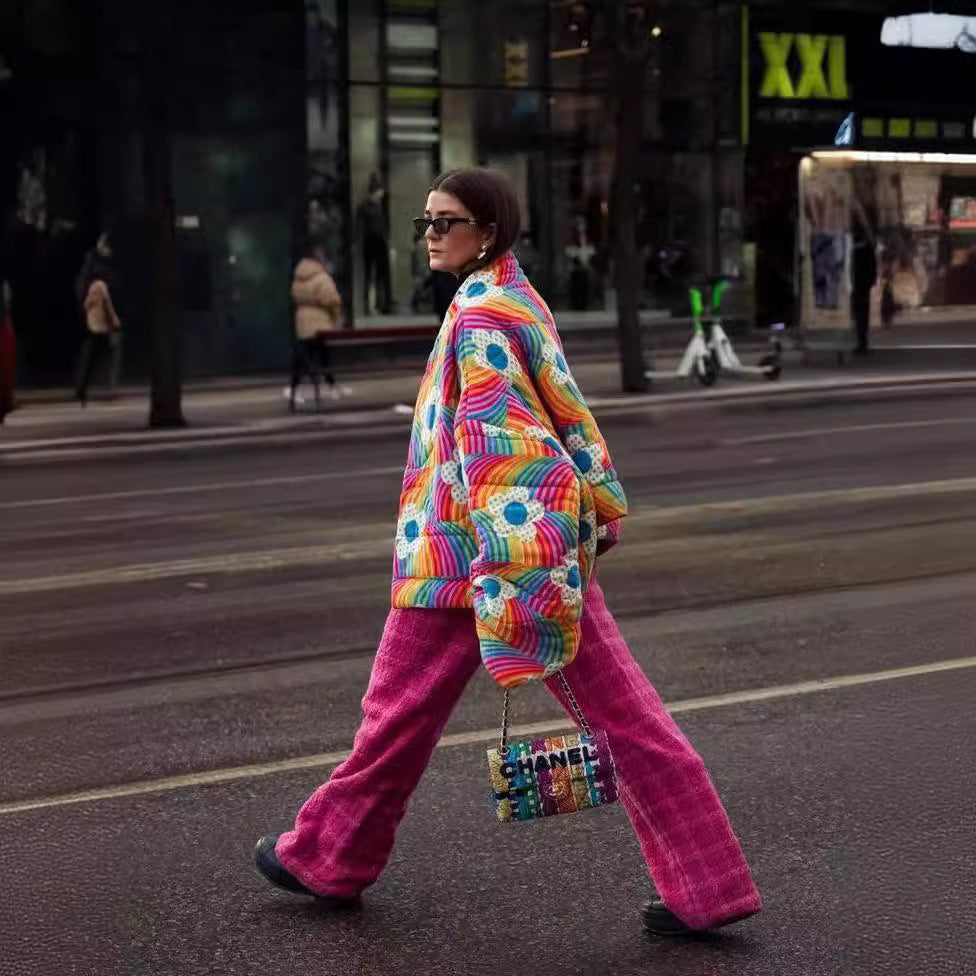 Women Short Oversized Padded Jacket with Colorful Rainbow Stripes and Flower Application