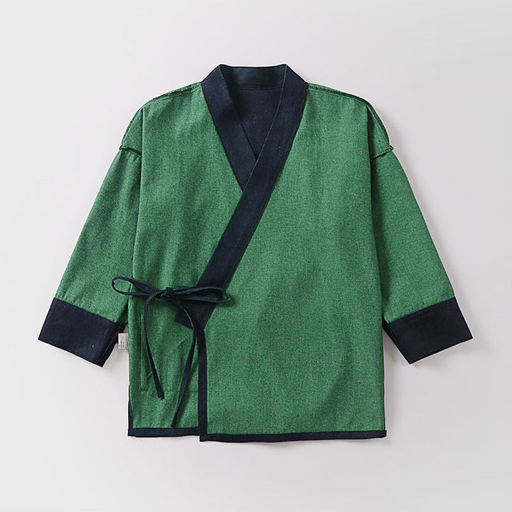 Unisex Lightweight Wrap Kimono Jacket made of Linen-Cotton Blend with Contrast Trim and Tie Belt
