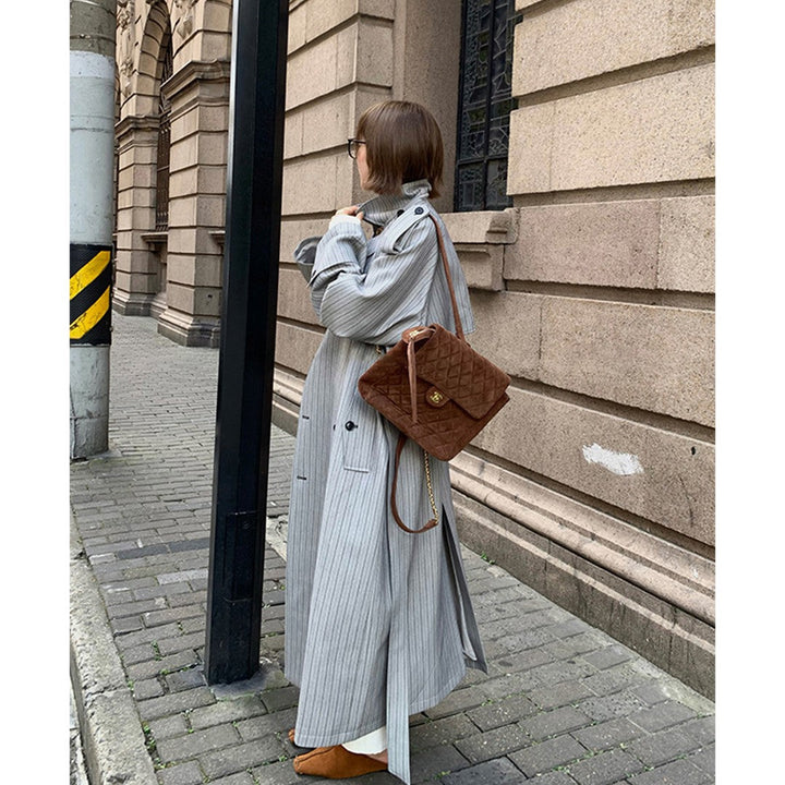 Women’s Long Pinstripe Trench Coat with Tie Belt Shoulder Straps and Flared Hem
