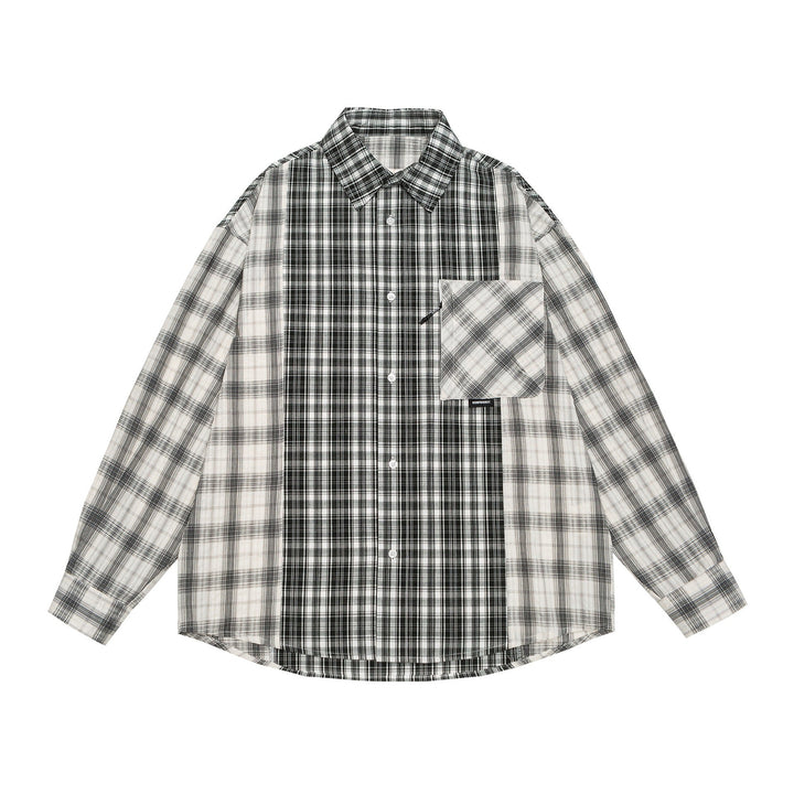 Unisex Oversized Shirt Jacket with Patchwork Check Pattern and Rounded Hem